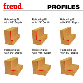 Freud rabbeting bit set depth range for 1/8 to 1/2 inch.