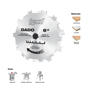 Freud SD206 spacer set shown for precise dado stack alignment.