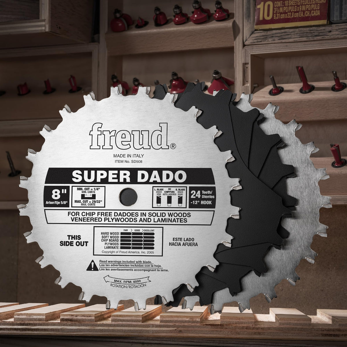 Freud SD508 razor-sharp outside blades for clean, splinter-free grooves