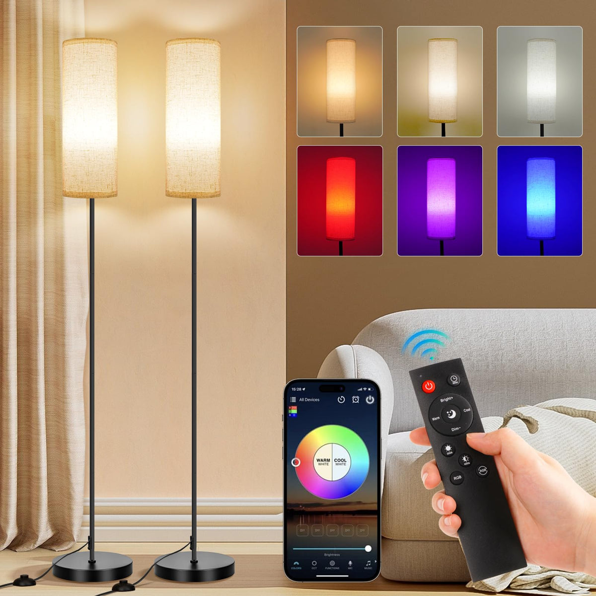 FRIDEKO HOME 2-pack floor lamps with dynamic RGB lighting for mood enhancement.