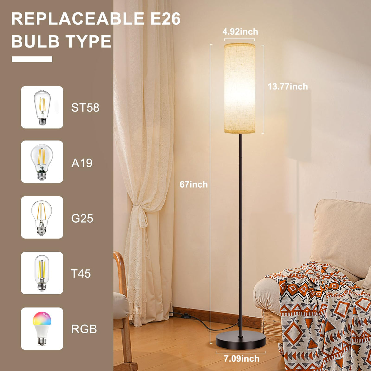 FRIDEKO HOME beige shade floor lamp adds warm decor to living areas.