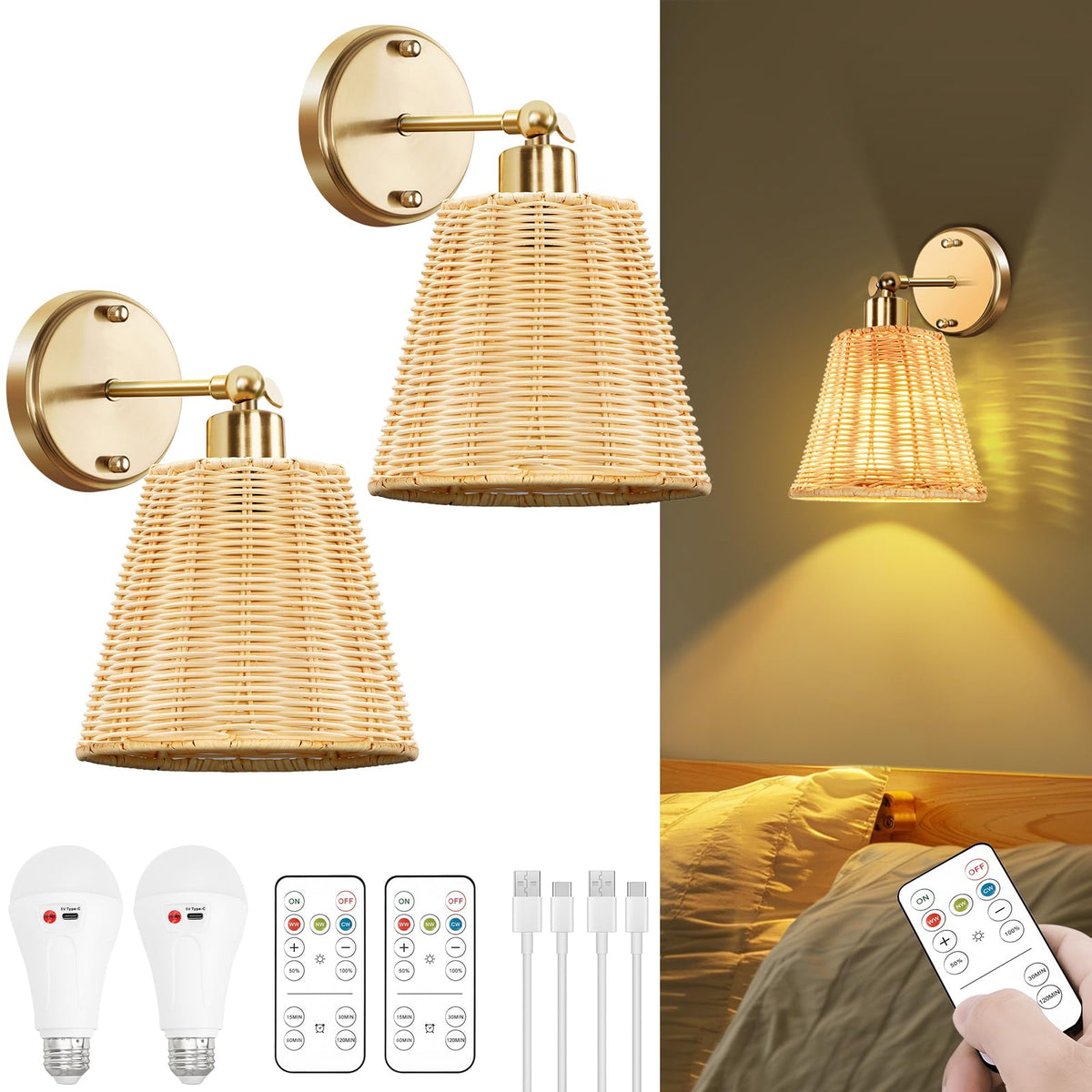 FRIDEKO HOME rattan wall sconces set 2 with remote control for cozy living spaces