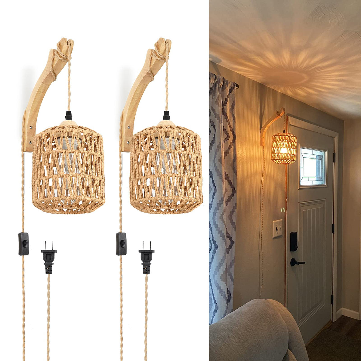 FRIDEKO HOME two-woven lantern sconce offering warm ambient lighting for living rooms.