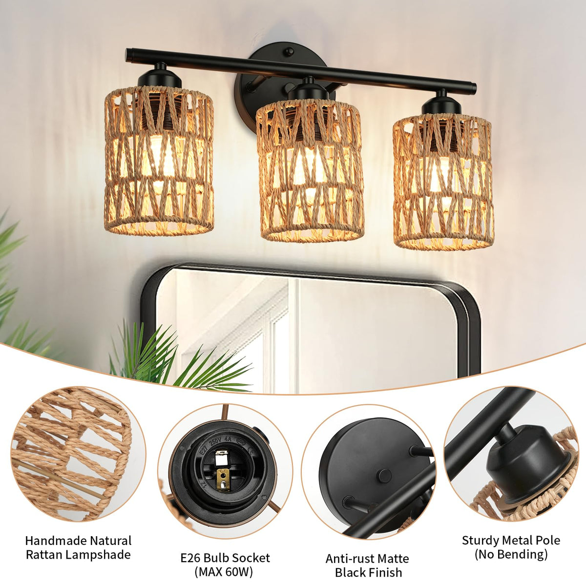 FRIDEKO HOME wall sconce lit demonstrates cozy ambience above the mirror