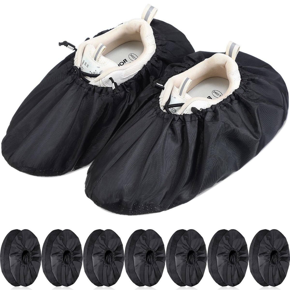 Frienda 8-pair non-slip shoe covers in black, ideal for keeping shoes dry during rain.