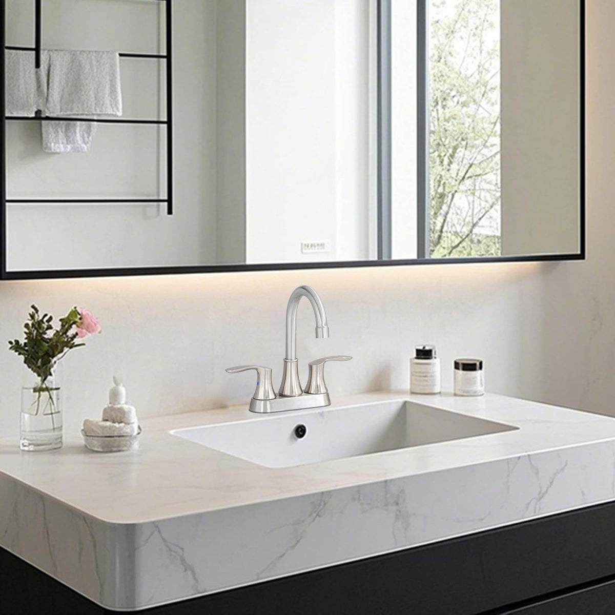 Friho includes hot and cold hoses and pop-up drain for complete setup