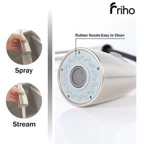 Friho 360-degree swivel aids access to all sink corners.