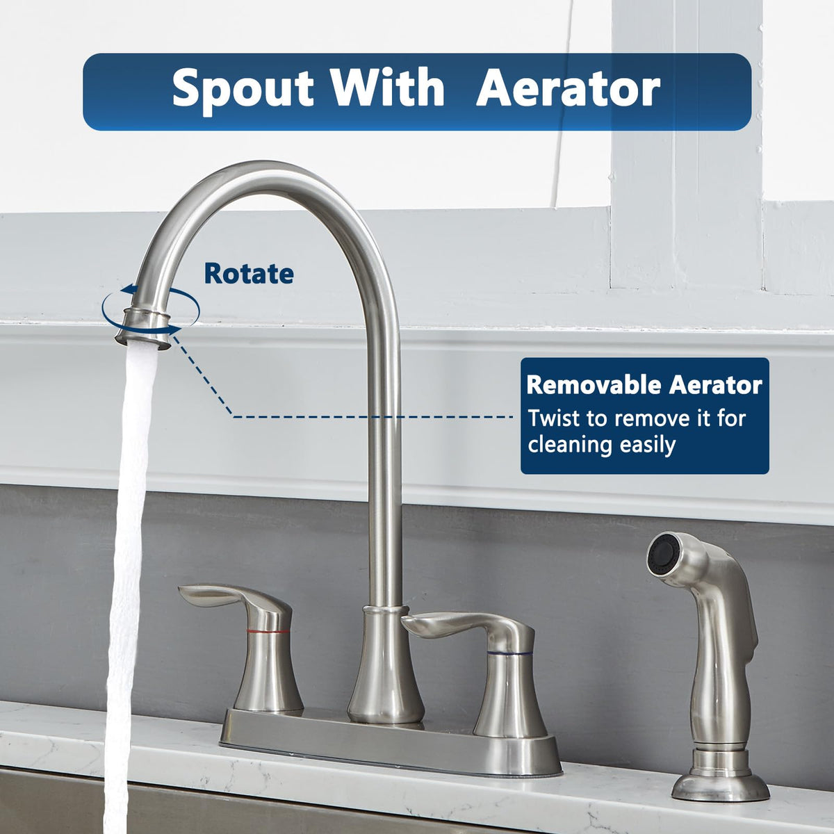 Friho 360-degree swivel spout for full sink reach.