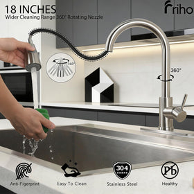 Friho high-arc spout in brushed nickel provides ample sink clearance.