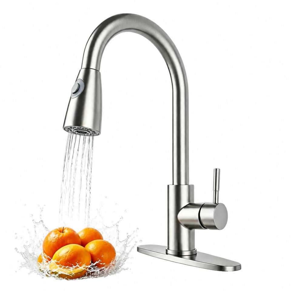 Friho kitchen faucet with pull-down spray head in brushed nickel for easy cleaning.