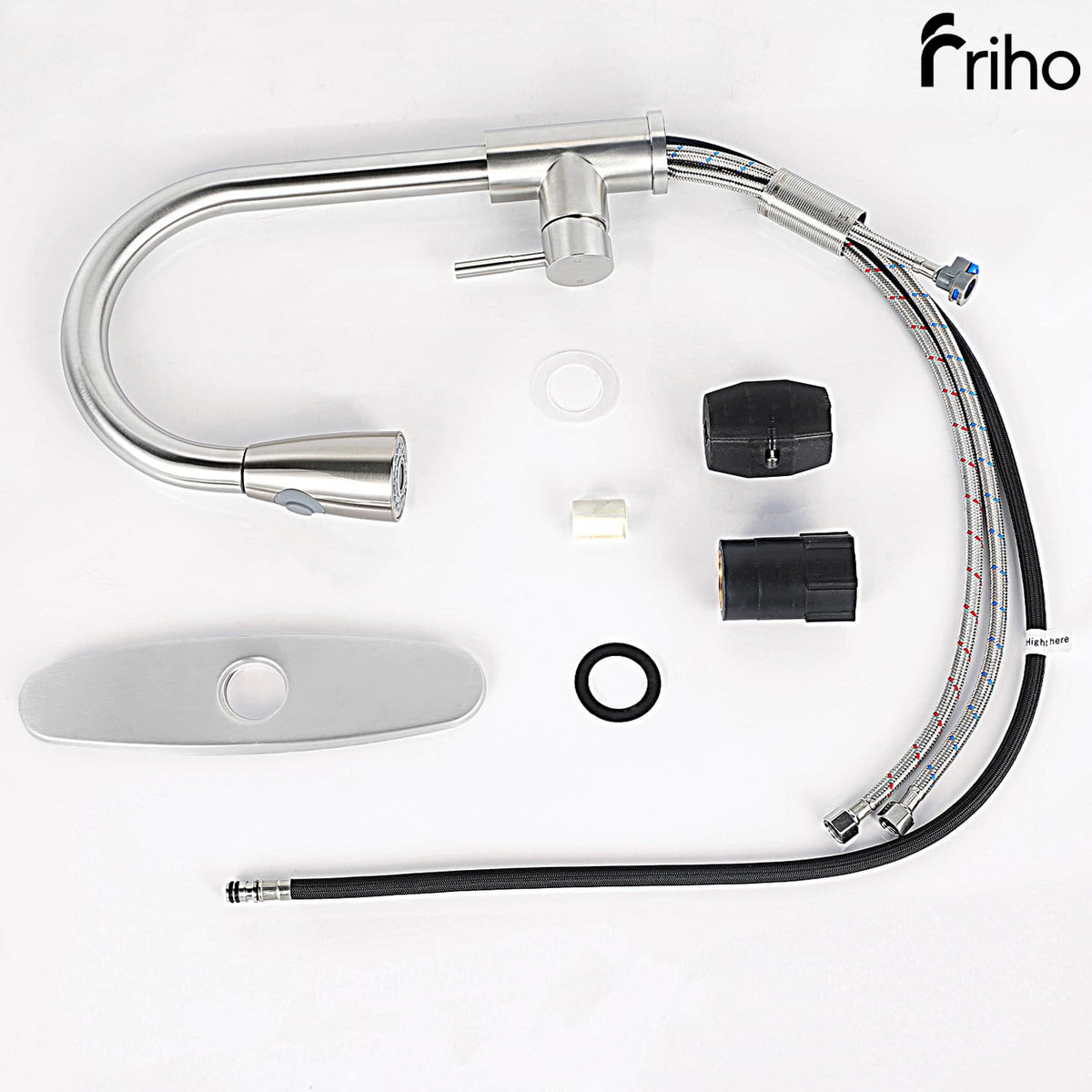 Friho two-function spray head switches between spray and steady stream.