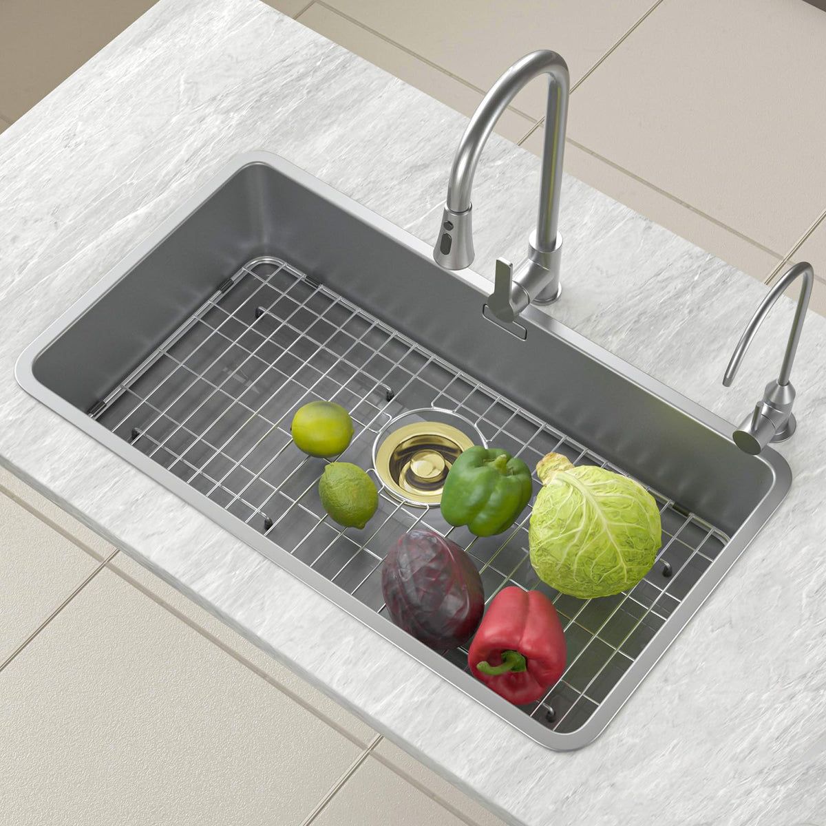Fritoing grid shown installed over the sink for drainage and airflow.