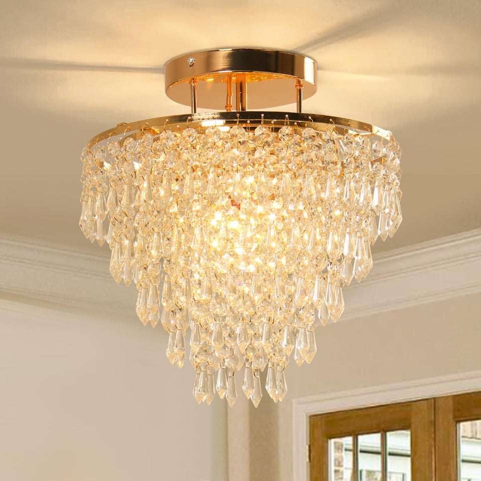 FRIXCHUR crystal chandelier with gold flush mount for elegant ambient lighting in living rooms.