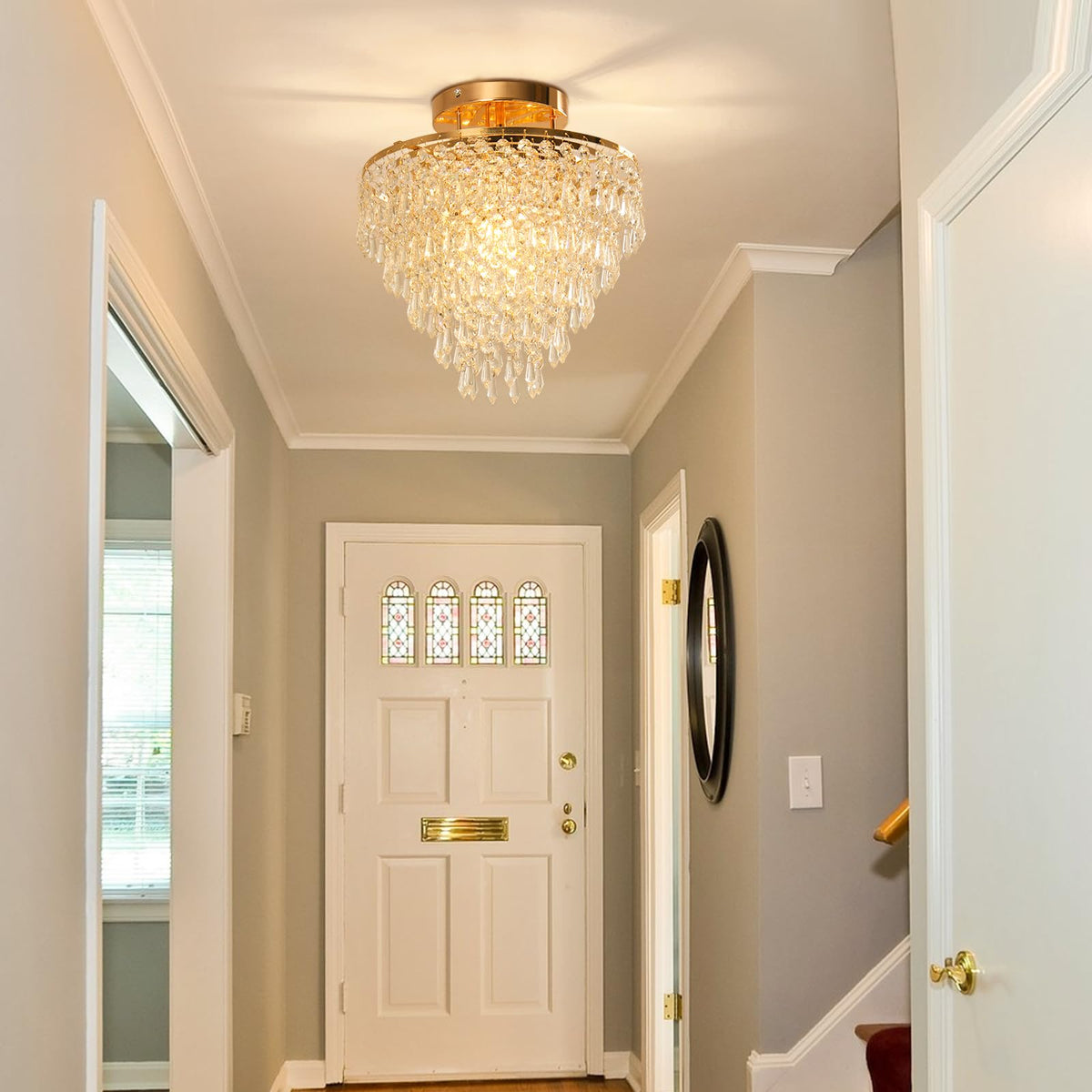 FRIXCHUR five-tier raindrop crystals sparkle in bedrooms and hallways.