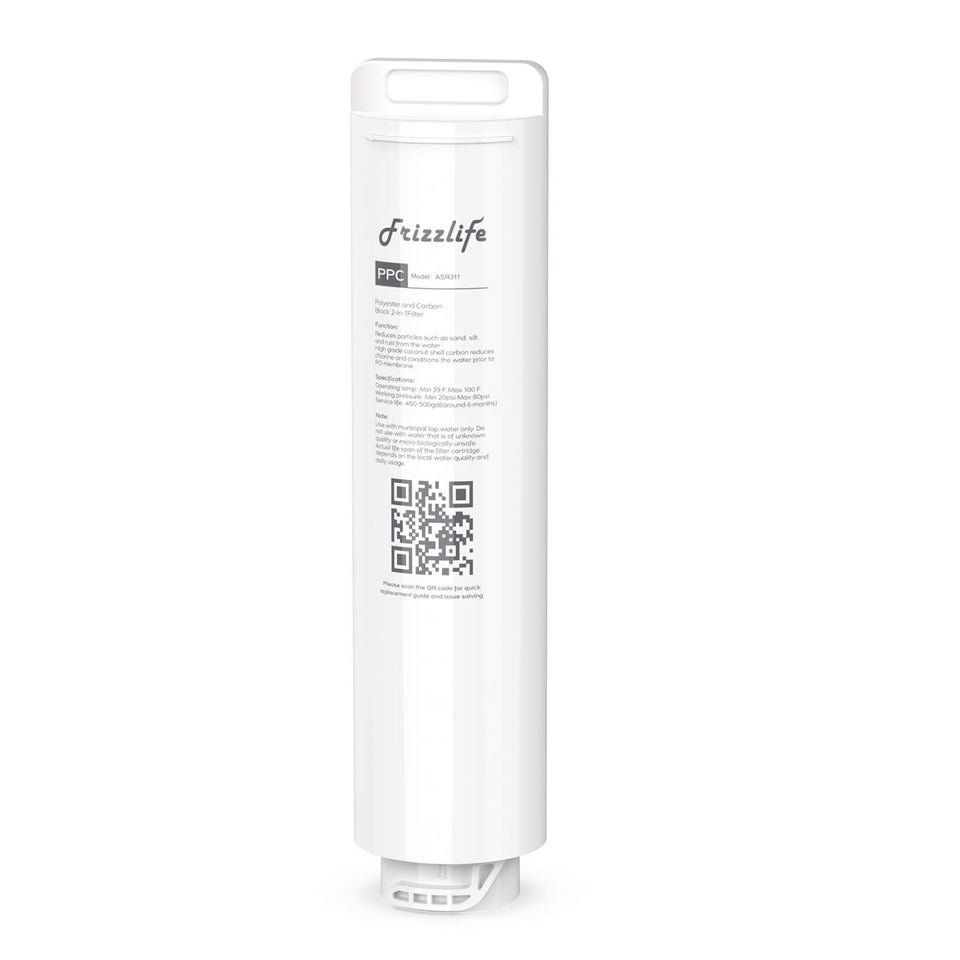 Frizzlife ASR311 replacement 1st-stage filter cartridge close-up for easy maintenance.