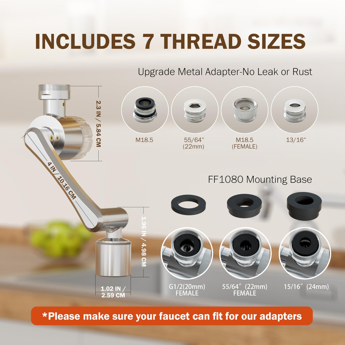 Frizzlife FF1080 seven-size connection for easy faucet fitment