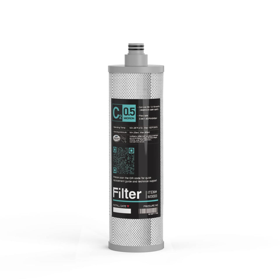 Frizzlife M3003 filter cartridge close-up highlighting the 0.5 micron carbon block for cleaner-tasting water