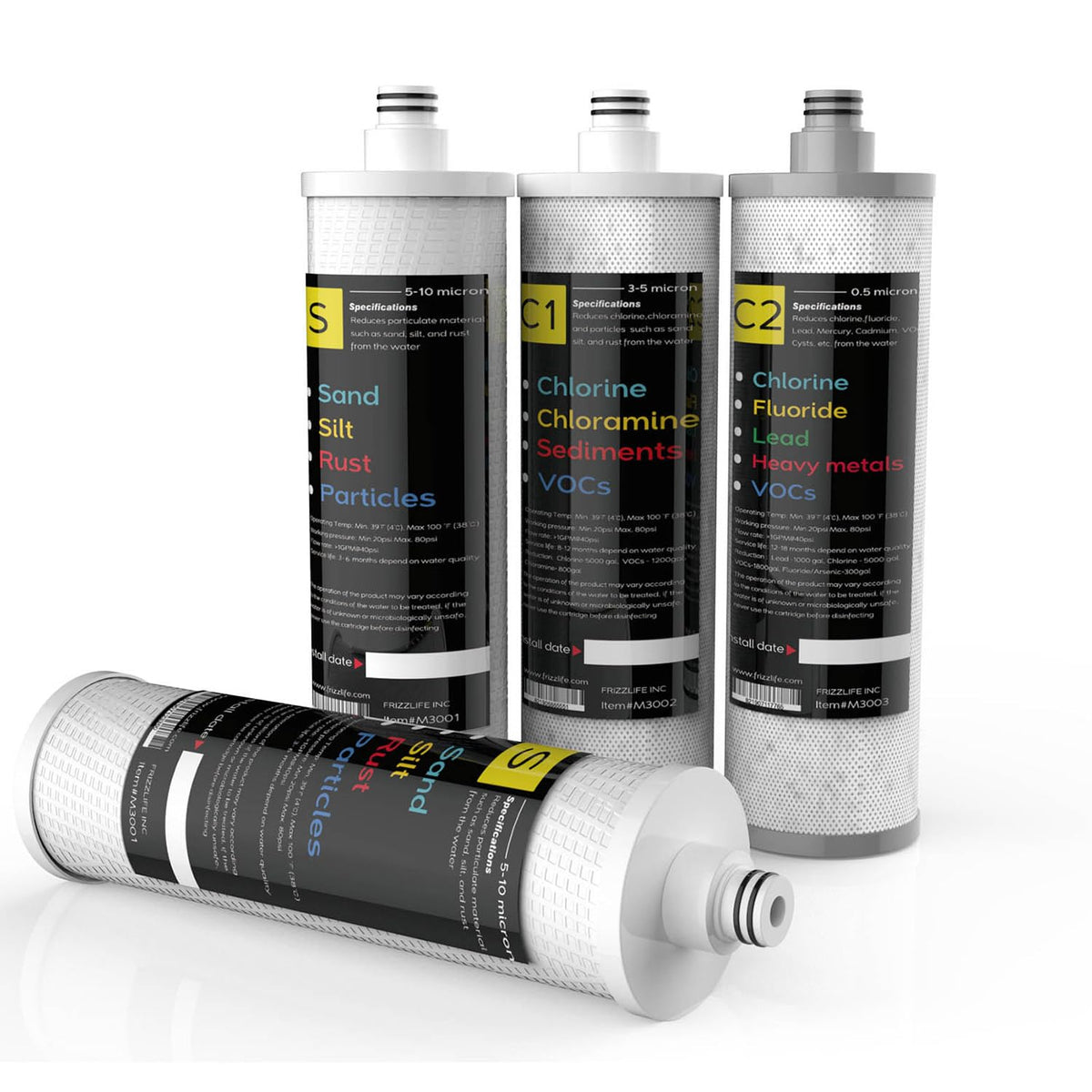 Frizzlife M3005 four-pack replacement filters ready for installation and purification