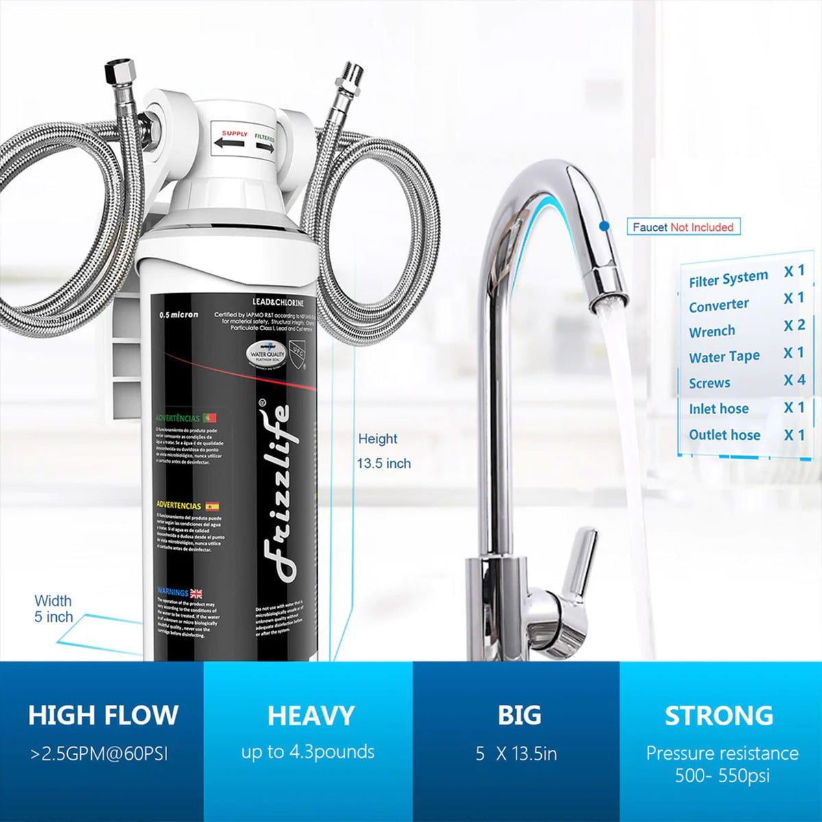 Frizzlife MK99 built-in shut-off valve enables easy cartridge changes.