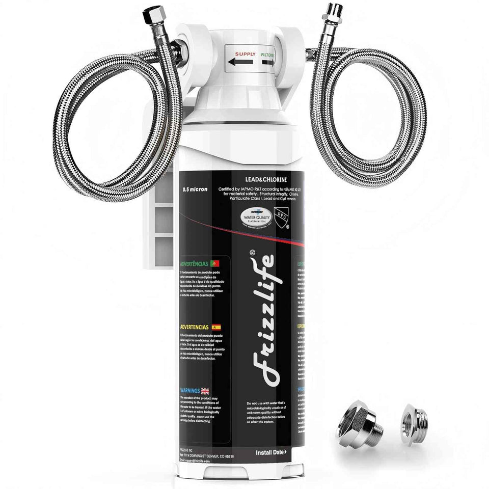 Frizzlife MK99 under-sink filter system front view for cleaner-tasting tap water.