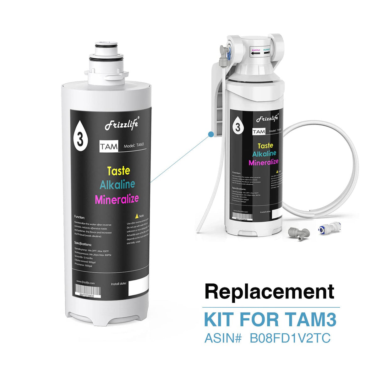 Frizzlife PD600-TAM3 system outlet filter housing enables easy, tool-free replacement.