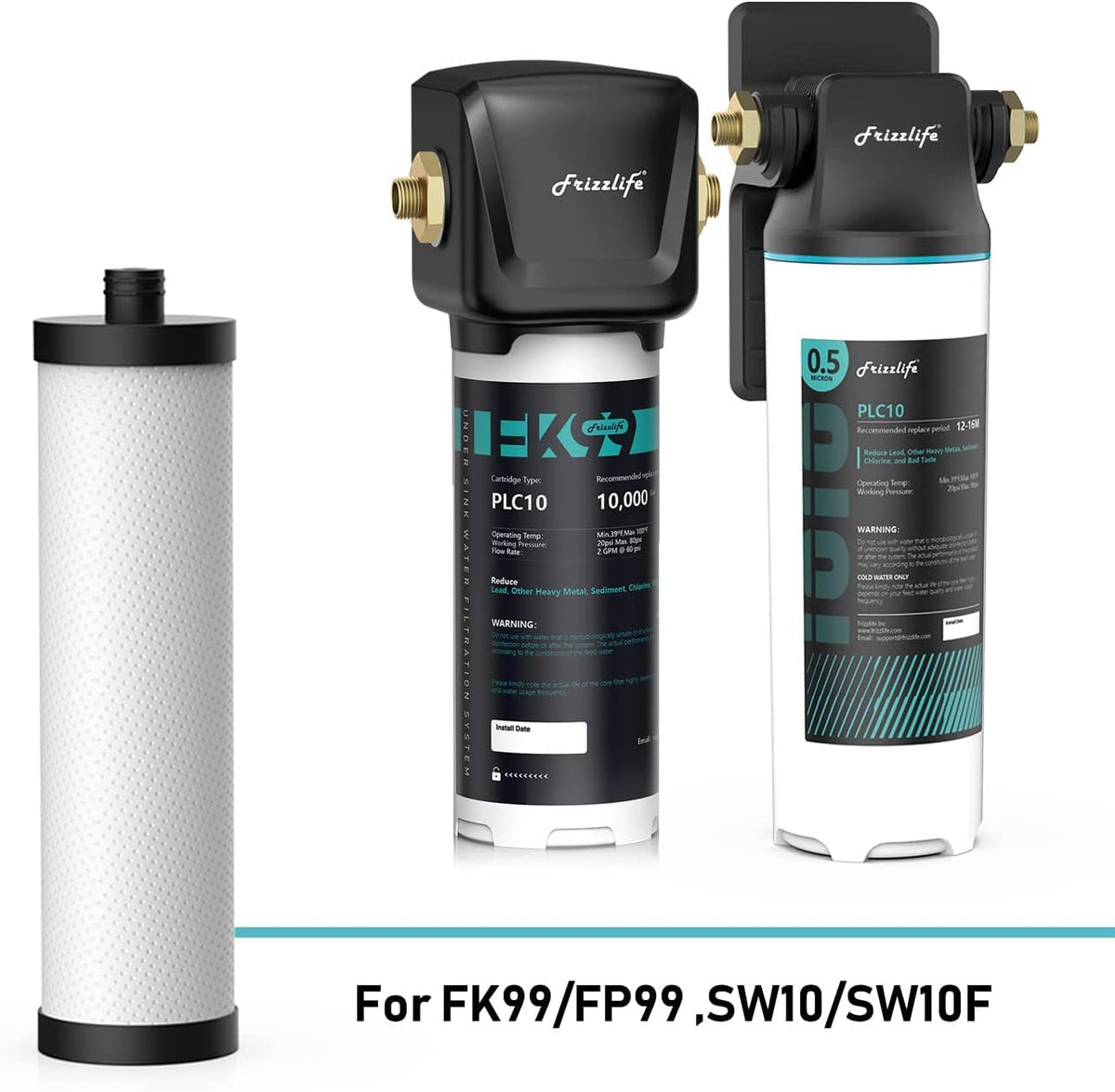 FRIZZLIFE PLC10 replacement filter packaging highlights compatibility with FK99/FP99/SW10/SW10F for easy replacements.