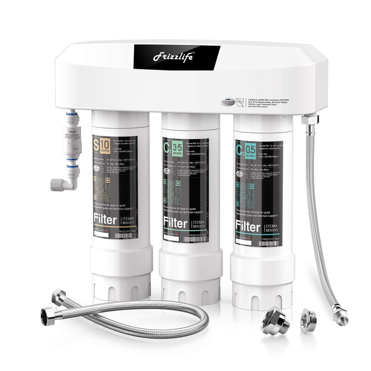 Frizzlife SK99 under-sink filter system demonstrates compact installation under the counter.