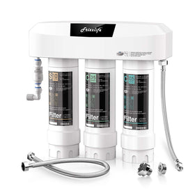 Frizzlife SK99 under-sink filter system demonstrates compact installation under the counter.