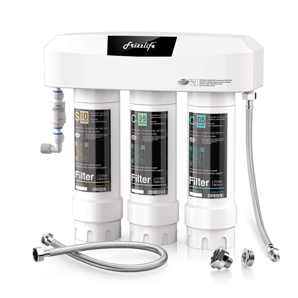 Frizzlife SK99 under-sink filter system demonstrates compact installation under the counter.
