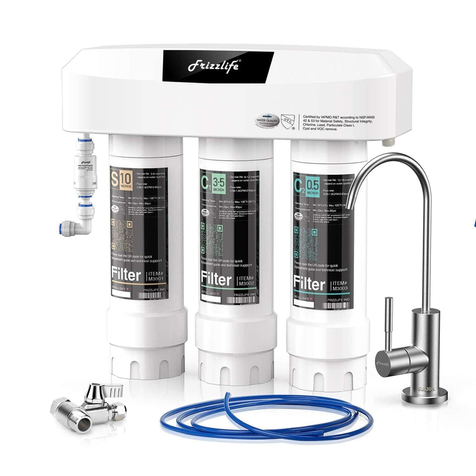 Frizzlife SP99 under-sink filter system with eight-layer filtration for cleaner tasting water.