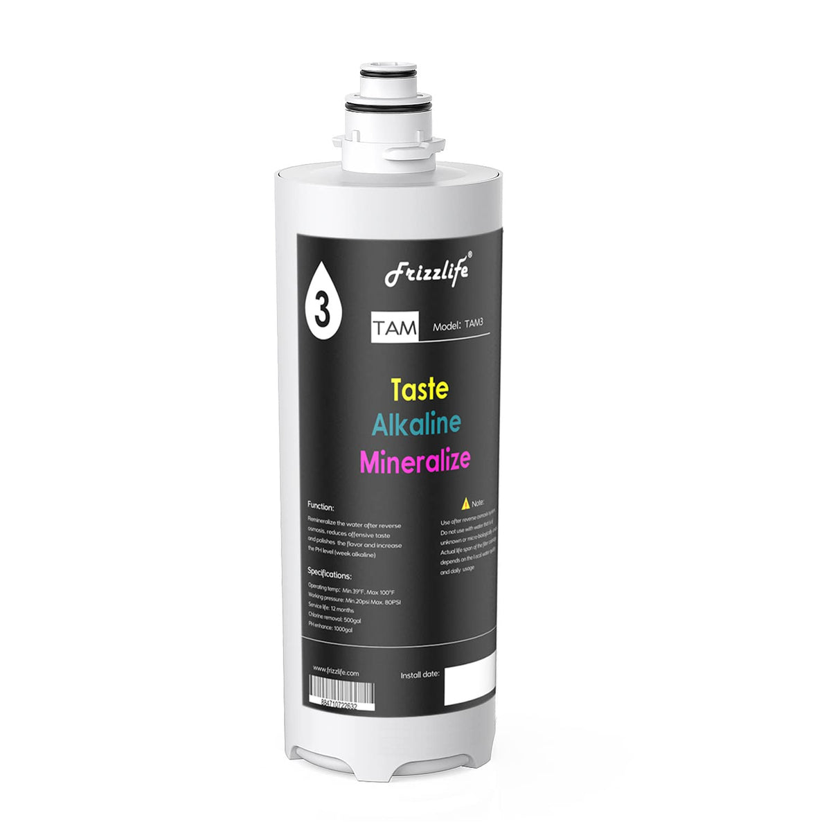 Frizzlife TAM3 filter inside demonstrates 3-in-1 filtration for mineral-rich water.