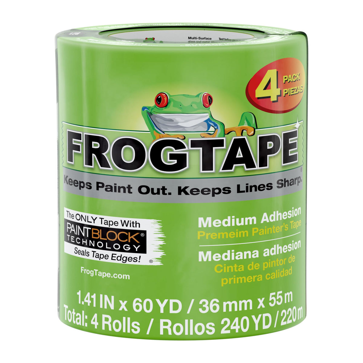 FrogTape Multi-Surface PaintBlock pack shot with four green rolls for crisp lines