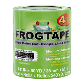 FrogTape Multi-Surface PaintBlock pack shot with four green rolls for crisp lines