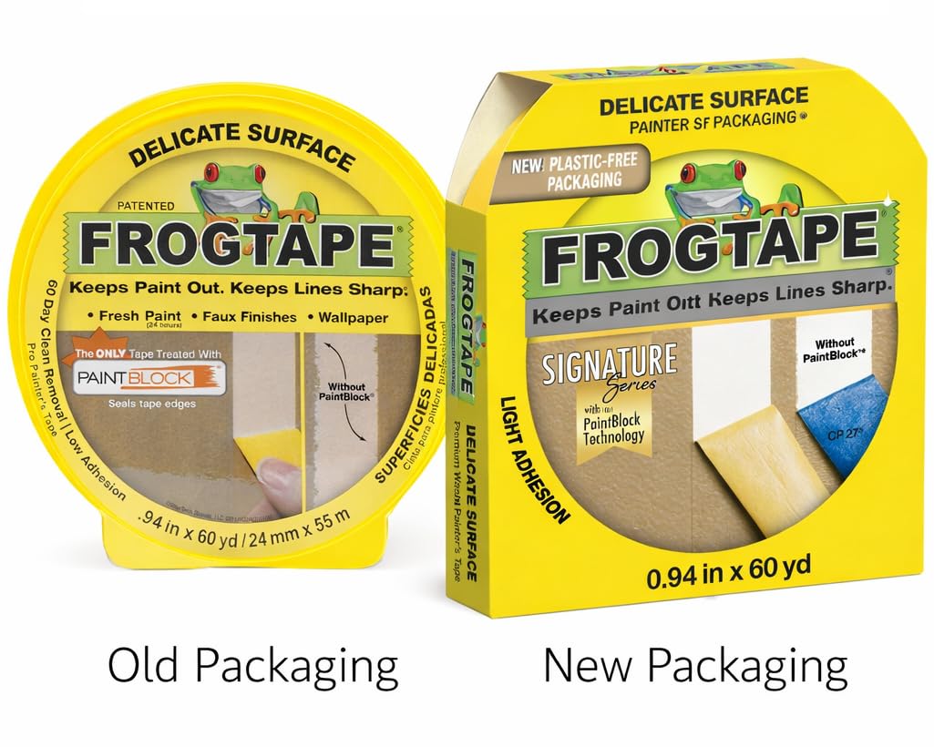 FrogTape Delicate Surface edge closeup demonstrates crisp lines with light adhesion for delicate finishes.