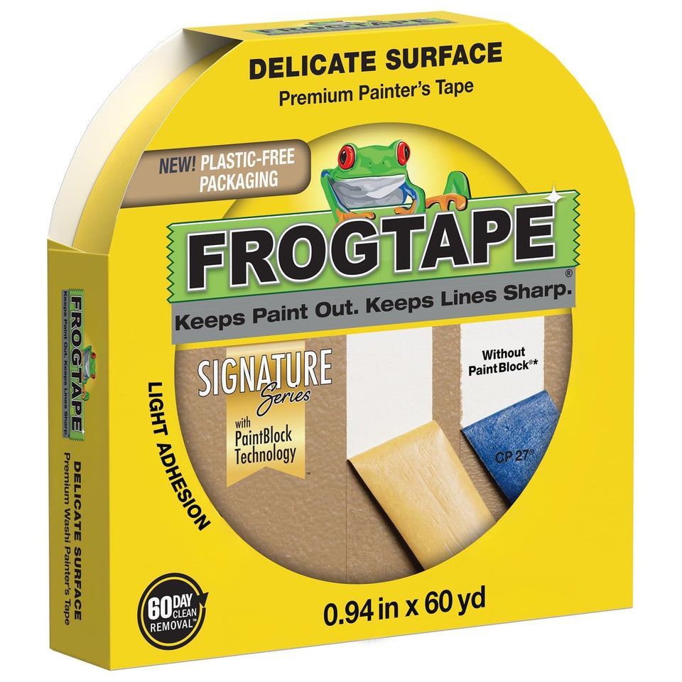 FrogTape Delicate Surface tape roll for crisp lines on light surfaces, minimising touch-ups.