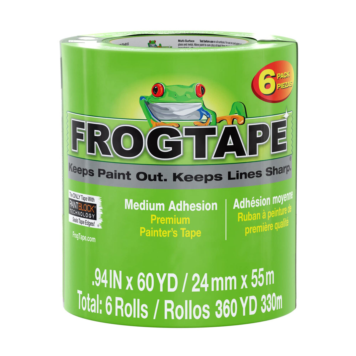 FrogTape multi-surface tape green 1in on spool preserves sharp lines.