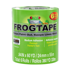 FrogTape multi-surface tape green 1in on spool preserves sharp lines.