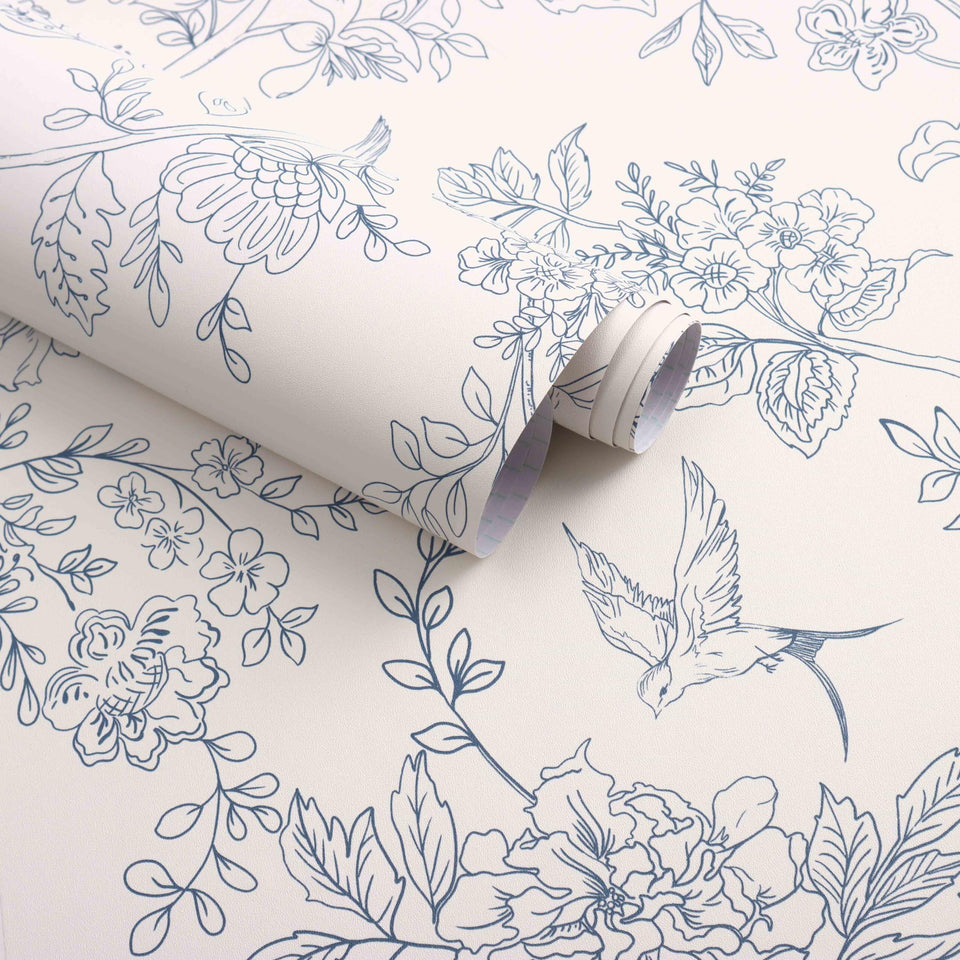 Froluya cream-white-blue floral wallpaper roll for vintage room vibes.