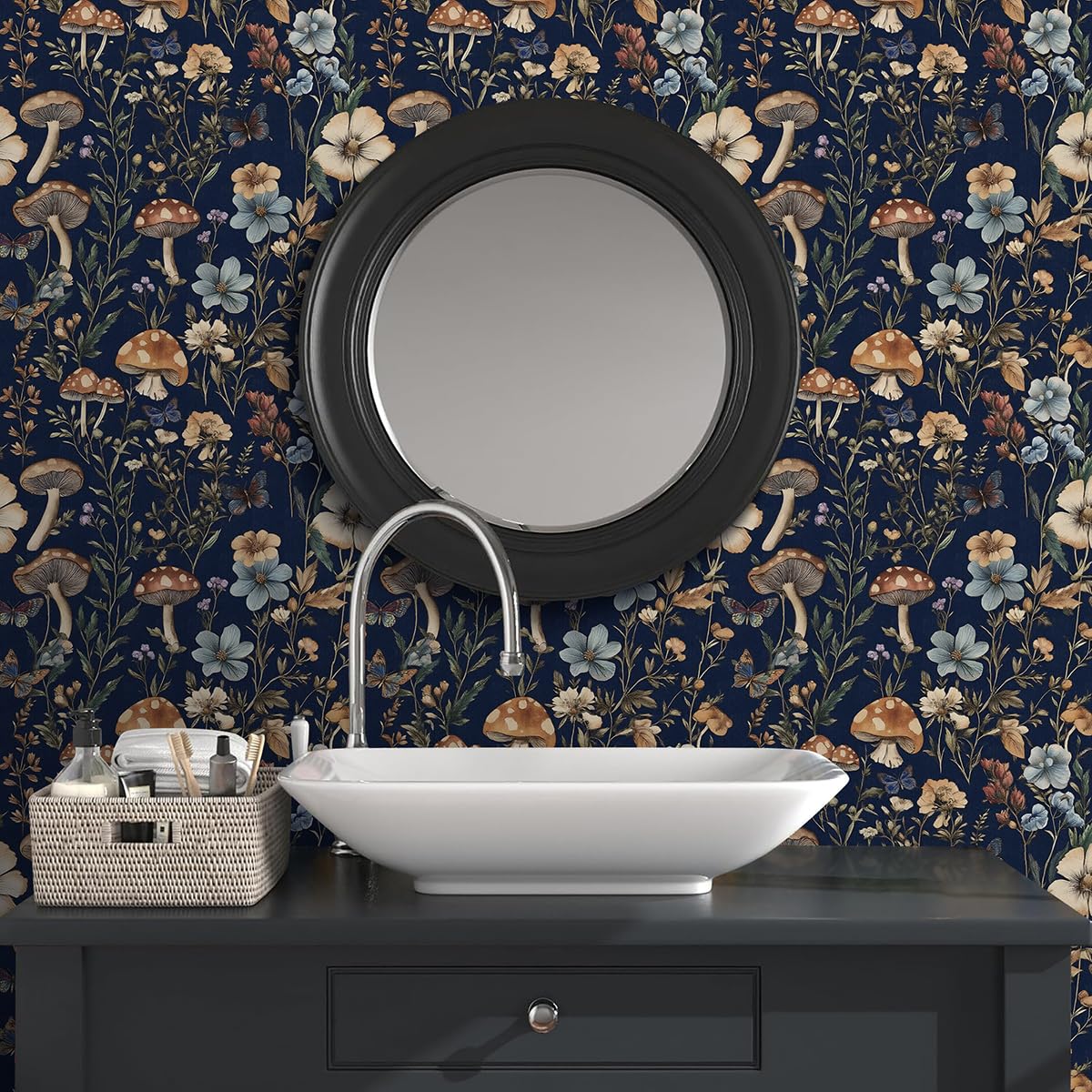 Froluya dark floral wallpaper in navy adds vintage charm to any room.