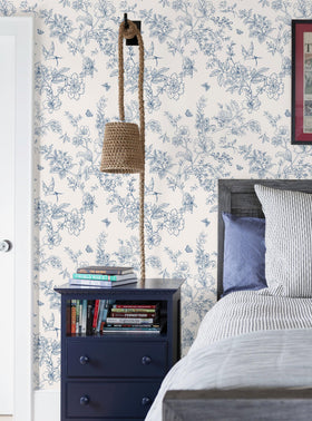 Froluya dorm rental wallpaper with cream-blue florals for quick decor.