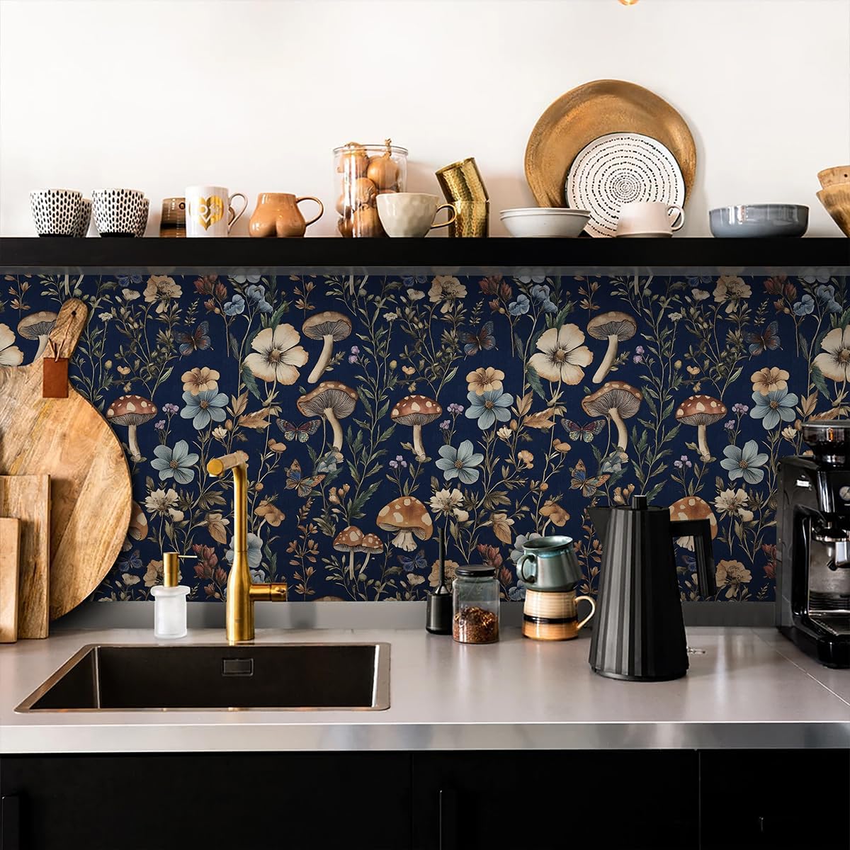 Froluya navy floral design with hand-painted feel enhances living room walls.
