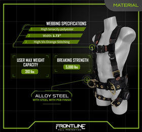 FRONTLINE Combat Full Body Harness reinforced belt supports tool belt stability.