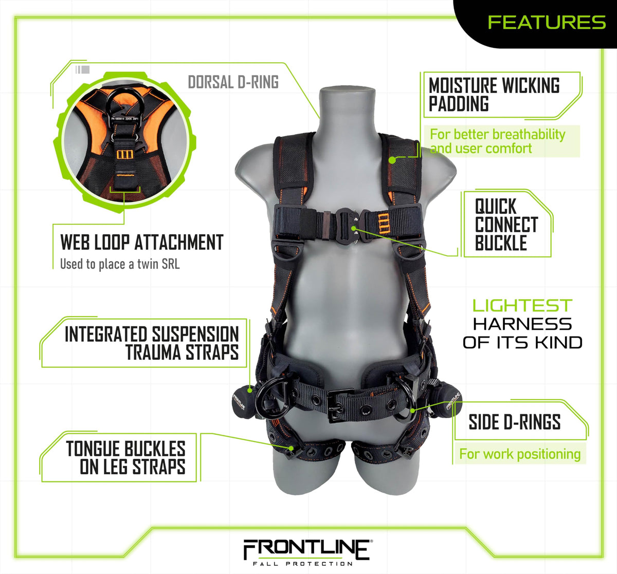 Frontline Combat Lite full body harness waist pad supports tool carrying.