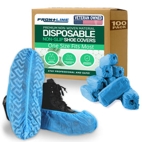 Frontline disposable shoe covers featuring non-slip grip for indoor work safety.