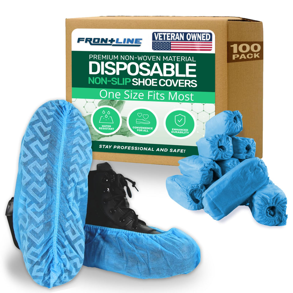Frontline disposable shoe covers featuring non-slip grip for indoor work safety.