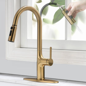 FROPO brushed gold kitchen faucet full view showing elegant gooseneck design