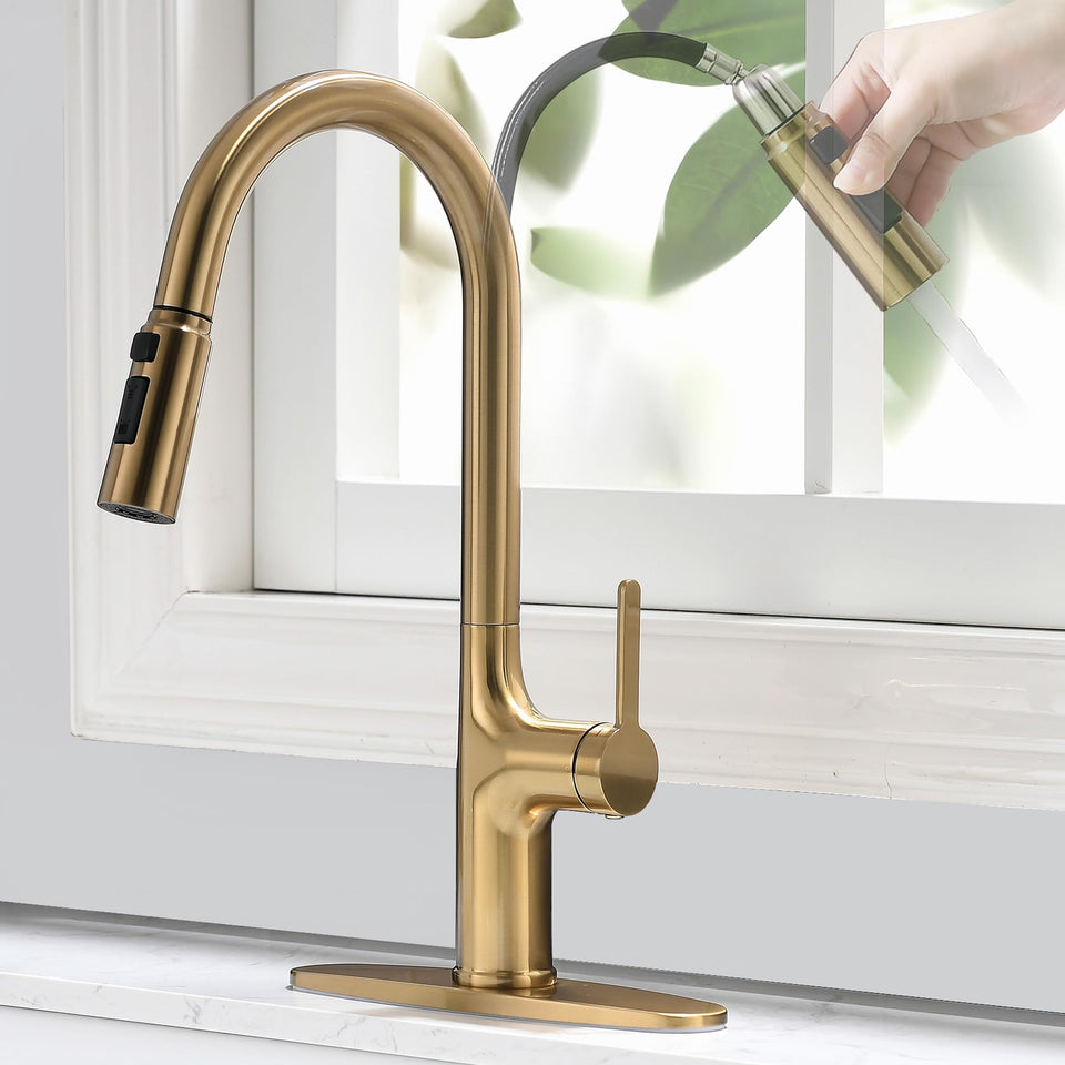 FROPO brushed gold kitchen faucet full view showing elegant gooseneck design