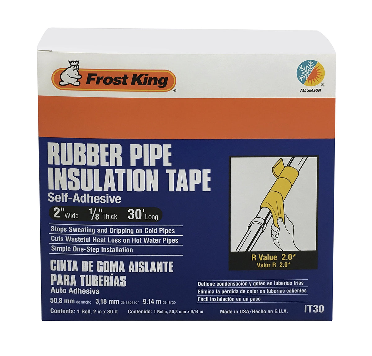 Frost King IT30/8 tape around a cold pipe to prevent condensation.