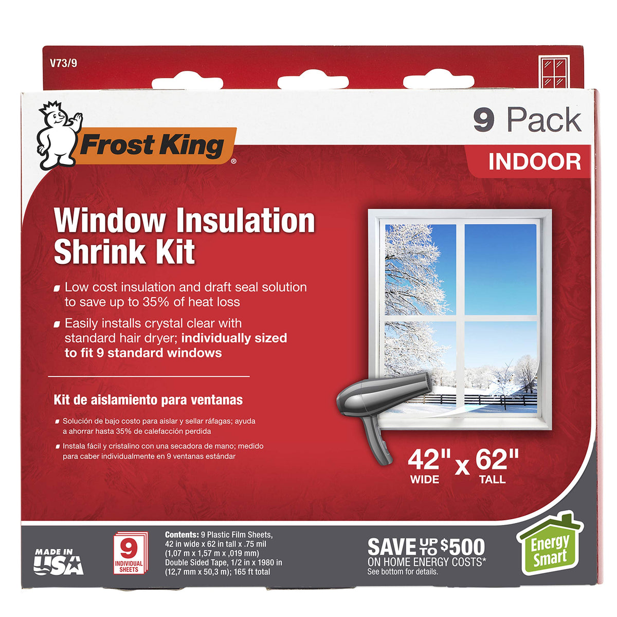 Frost King V73/9H kit packaging with nine clear sheets for standard windows