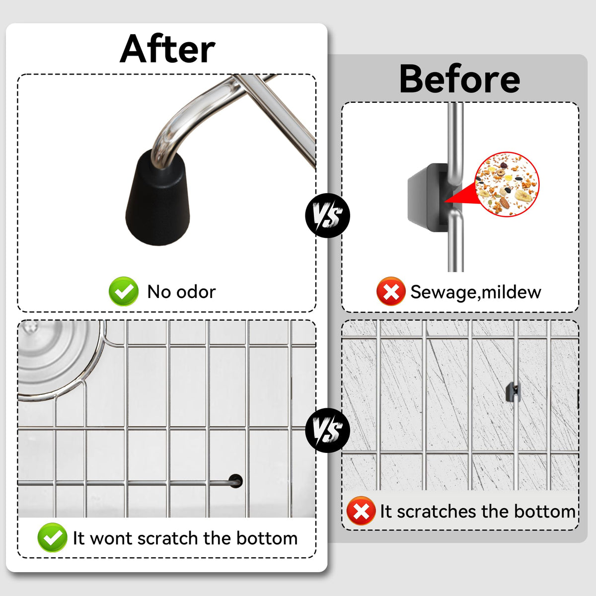 Frsmvati sink grid with 1-1/2 inch corner radius prevents snagging while protecting sink.
